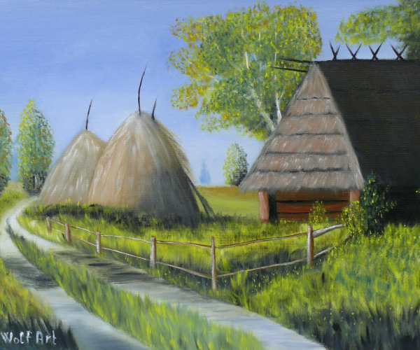 Szénabálák a ház mellett